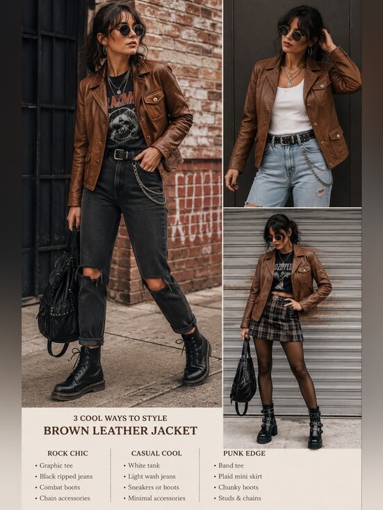 Eddie Bauer Jackets & Blazers - Eddie Bauer Brown Leather Moto Jacket Vintage Button-up Punk Gothic Rock Y2K Med